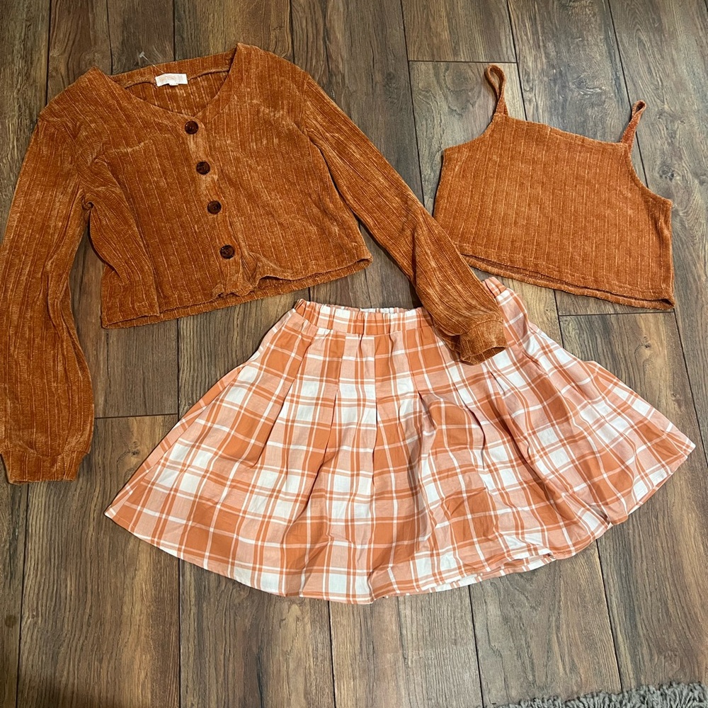 { kenzie girl } Rust Corduroy Jacket and Tank with Plaid Skirt Set